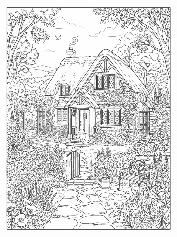 A cozy cottage in a flower garden with a cat