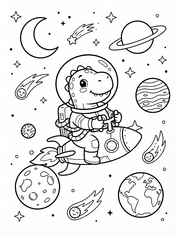 The same dinosaur riding a rocket past the moon