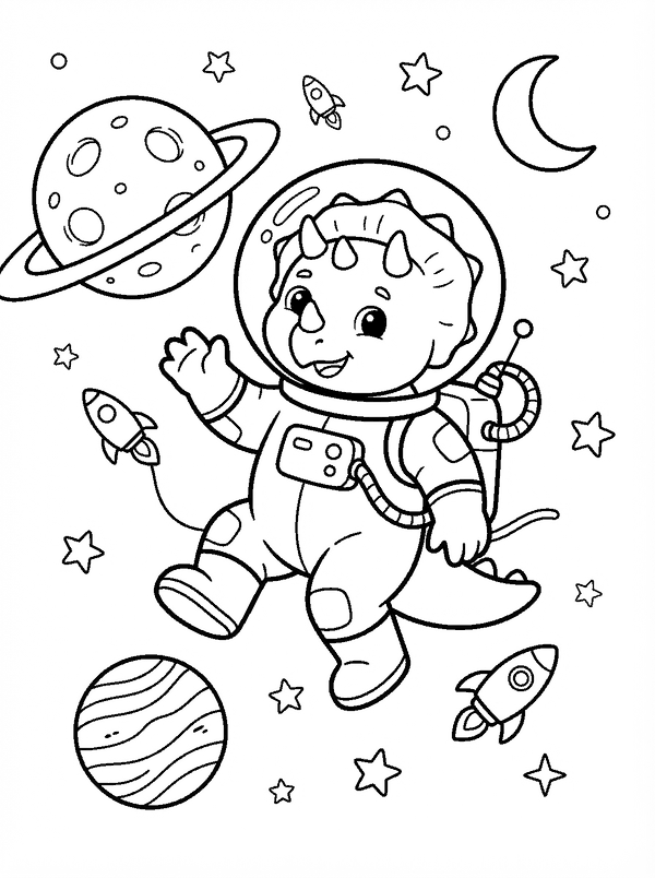 A cute baby dinosaur astronaut floating in space