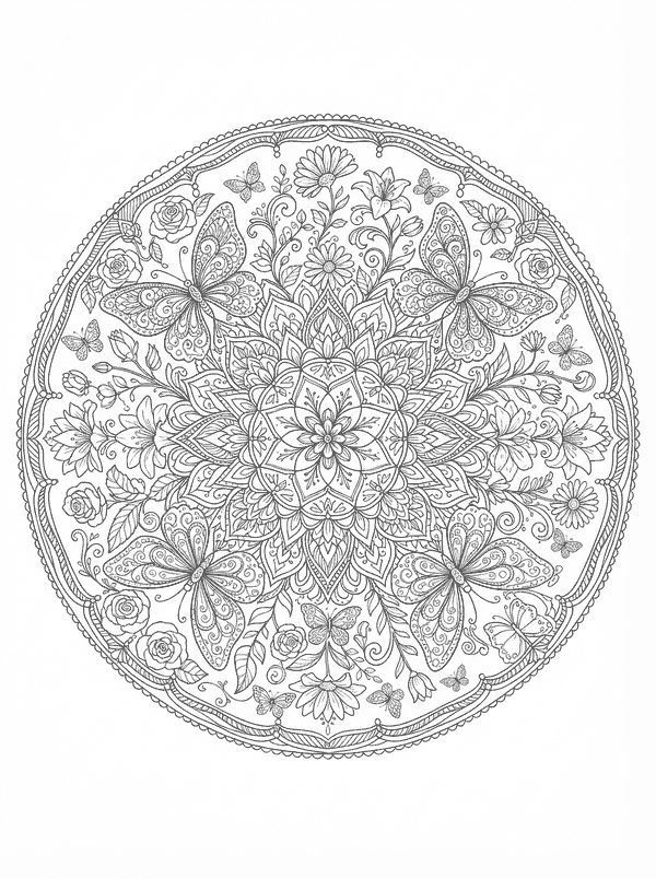 A round mandala with butterflies and flowers