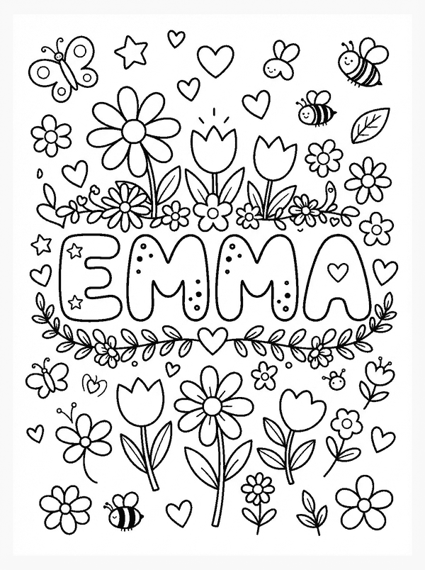 The name EMMA in bubble letters with flowers